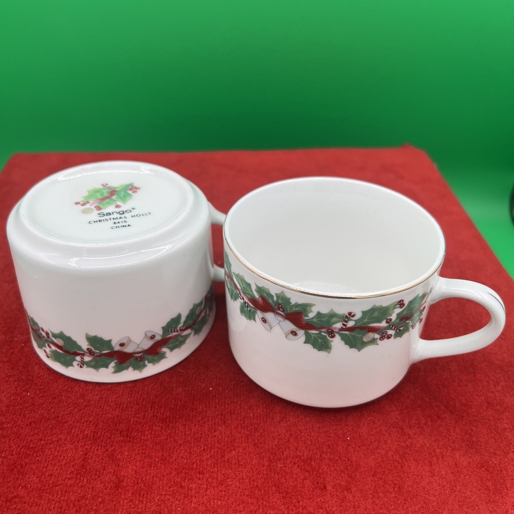 1990 Sango Christmas Holly Teacups 2 Pc Sets Candy Canes Bells 8415 Gold Rim